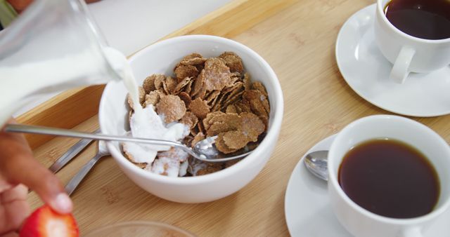 Healthy Breakfast with Cereal, Milk, Coffee and Strawberry - Download Free Stock Images Pikwizard.com