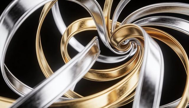 Spinning gold and silver ribbon spiral vortex with polished metal reflections