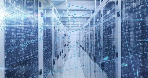 Futuristic data center with digital overlays and servers