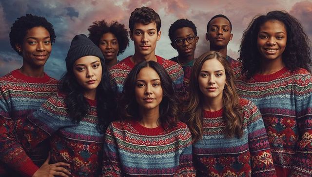 Diverse Group of Friends Wearing Festive Holiday Sweaters