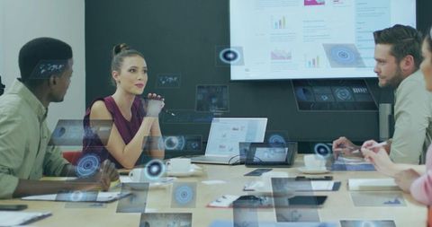 Business Professionals Exploring 3D Data Visualizations in Meeting