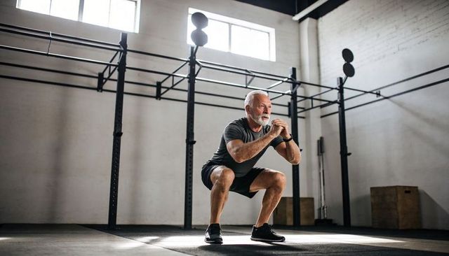 Senior man performing bodyweight squats in industrial gym for strength and mobility