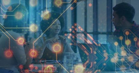 Colleagues Collaborating on Innovation with Digital Overlay