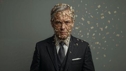 Elderly prosecutor man in dynamic pinstriped suit depicted with metallic confetti