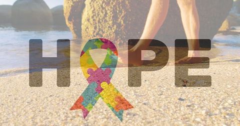 Hopeful Walk on Seashore with Symbolic Puzzle Ribbon