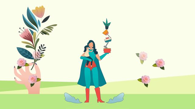 Playful animation of a superhero-like woman standing proudly while balancing plant pots in a garden. Surrounded by flowers and plants, with a contrasting landscape, evoking themes of strength and harmony with nature. Perfect for promoting eco-friendly initiatives, whimsical merchandise, educational materials on nature conservation, or captivating content creation involving garden hobbies.