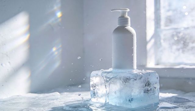 White pump bottle resting on melting ice block with sunlit droplets and prism refractions