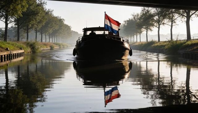 Silhouetted motorboat passing under bridge on misty canal with dutch flag reflection