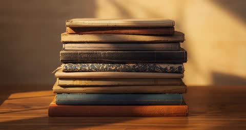 Sunlight Casting Shadows on Vintage Journals on Wooden Desk