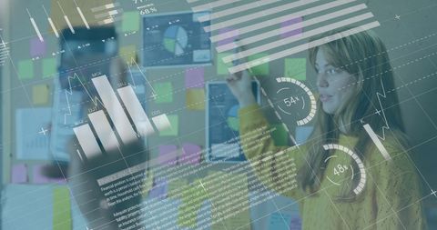 Businesswoman Presenting Data on Interactive Infographic Interface