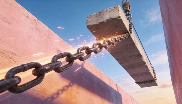 Precast concrete beam swinging in narrow pink shaft with rusted chain and sparks