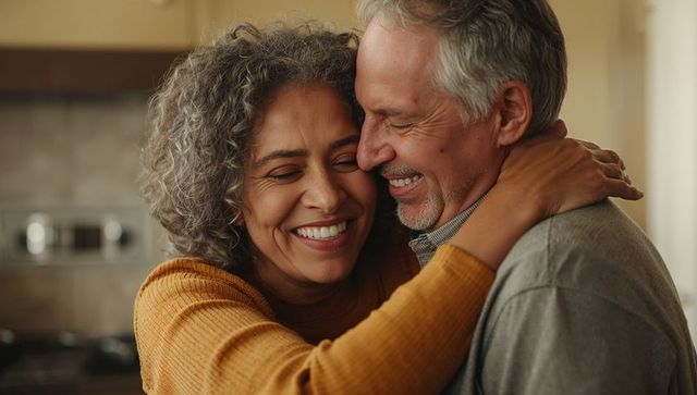 Senior couple embracing in cozy kitchen, smiling closeup conveying warmth and intimacy