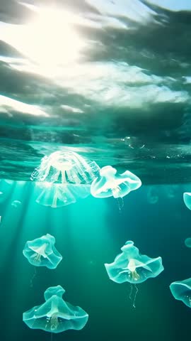 Vertical video: Translucent jellyfish drifting through sunlit teal ocean with rippling surface