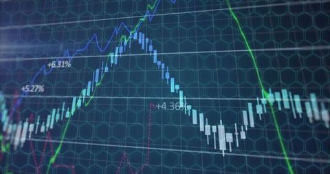 Candlestick market chart with hex grid overlay, animated trend lines and percent metrics