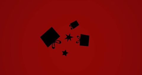 Minimalist floating gift boxes and stars on crimson radial gradient background