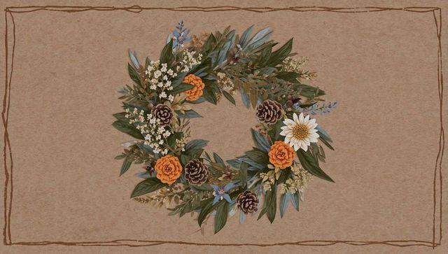 Rustic watercolor wreath on kraft paper featuring marigolds, pinecones and red berries