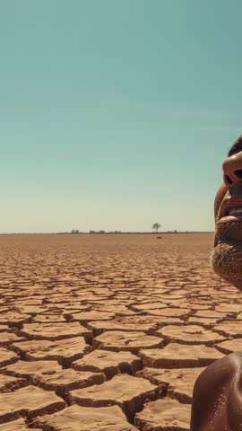Shirtless Man Walking Across Cracked Dry Lake Bed Vertical Video Showing Heat and Endurance