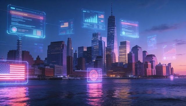 Neon city skyline projecting augmented reality holograms, futuristic ai data overlays at dusk