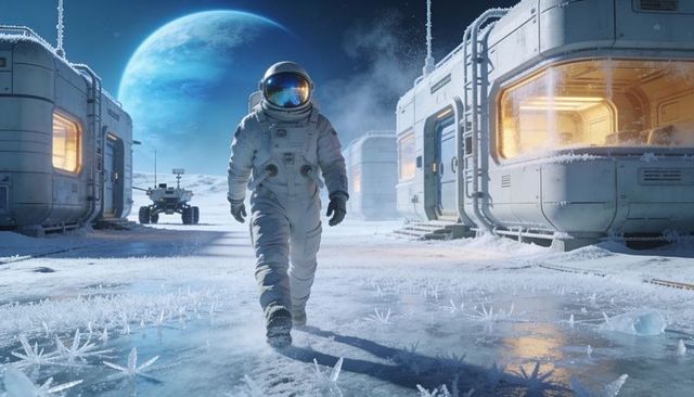 Walking lone astronaut on frozen outpost with glowing habitat and rover under blue planet