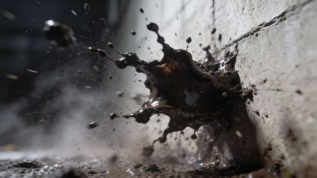 Dynamic mud splash impacting concrete wall with crown formation and flying droplets