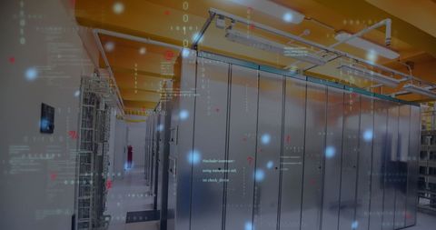 Futuristic Data Processing Overlay in a Server Room
