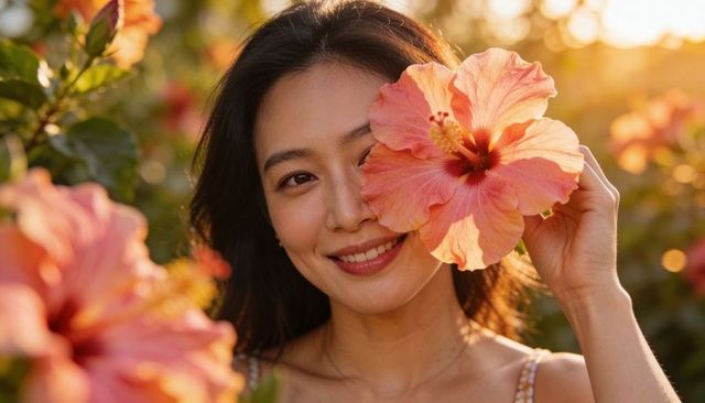 Smiling woman holding coral hibiscus over eye in sunlit golden hour garden portrait