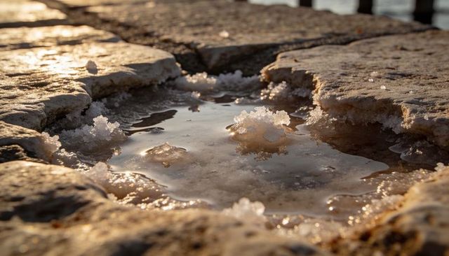 Glistening salt crystals crystallizing in rock puddle on rocky shore during golden hour