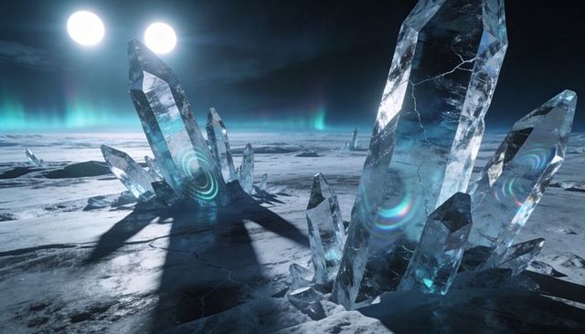 Iridescent crystal spires rising on frozen alien plain under twin suns and aurora
