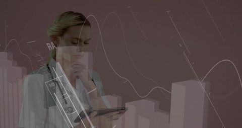 Doctor Reviewing Clinical Data Dashboard on Tablet with Futuristic Healthcare Analytics