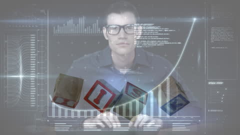 Digital Analyst Evaluating Risk Factors with 3D Graphs and Data