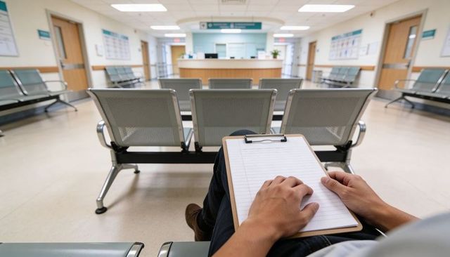 Patient waiting with clipboard in medical clinic waiting room, preparing forms and notes