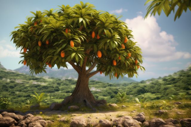 Image features a mango tree with numerous ripe mangoes hanging from its branches, in a serene, sunlit landscape. The background showcases lush greenery and distant mountains under a partly cloudy sky. This image is ideal for illustrating concepts related to agriculture, summer, tropical climates, natural beauty, or tranquil rural scenes.