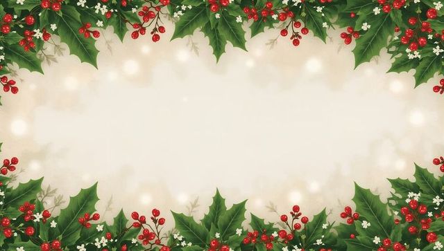 Festive Holly Border with Red Berries and Cream Bokeh Center for Holiday Greeting Cards