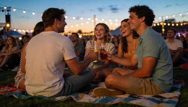 Young friends clinking drinks at sunset outdoor music festival picnic gathering