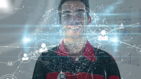 Smiling Doctor Connected by Global Network Interfaces
