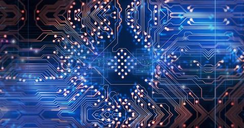 Glowing hexagonal microchip motif with copper traces on deep blue circuit board, neon