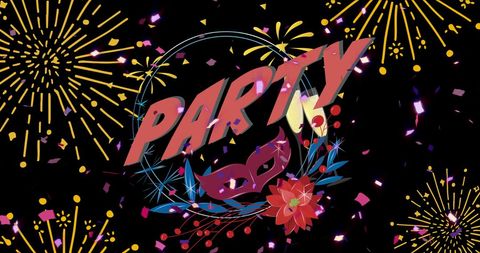 Vibrant party celebration with fireworks and mask