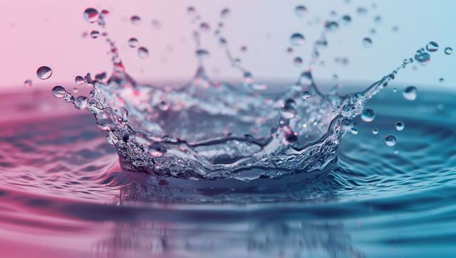 Water droplet creating background splash with pink and green lighting