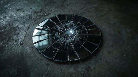 Broken mirror reflecting light on dark concrete floor