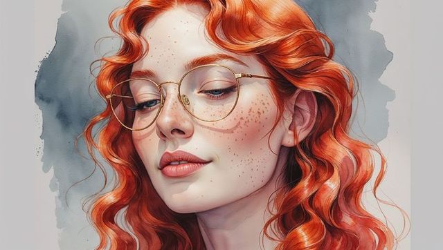 Elegant freckled woman with red curly hair and gold glasses