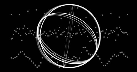 Rotating luminous light-trail sphere with digital pixel waveform on black canvas