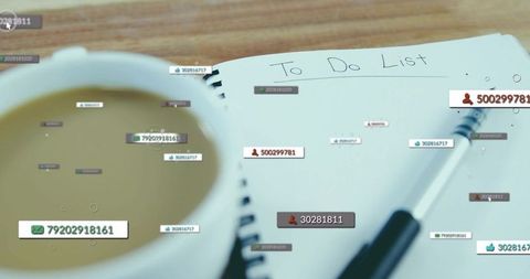 To do list with pen and coffee mug on desk with digital labels and productivity overlays