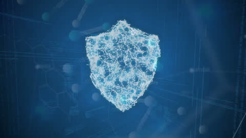 Digital Security Shield with Data and Networks on Blue Background