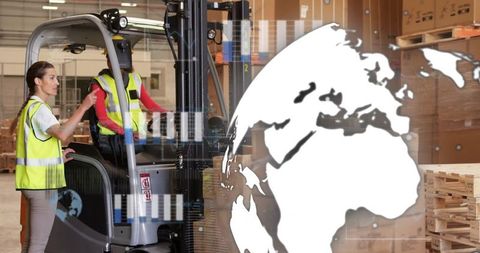 Warehouse Team Efficiently Operating Forklift with Data Technology Overlay