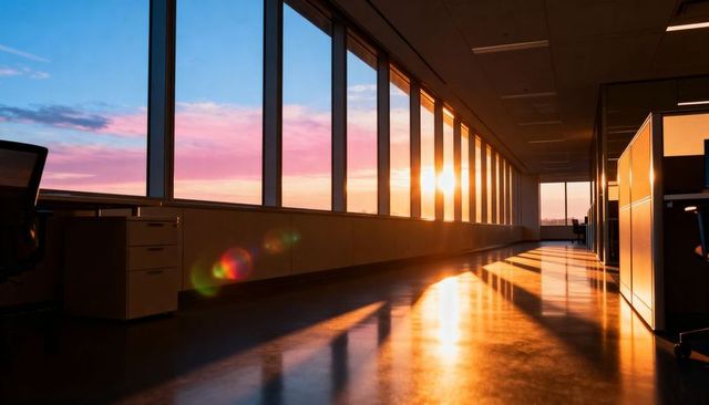 Golden hour sunlight streaming through floor-to-ceiling windows in modern open-plan office
