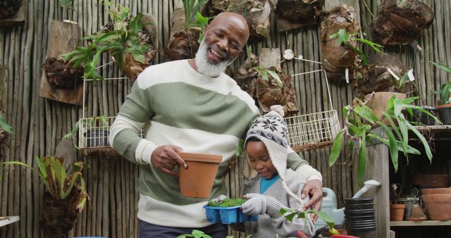Portrait of happy senior african american man with his grandson potting up plants in garden. Spending time outdoors, working in garden nursery.