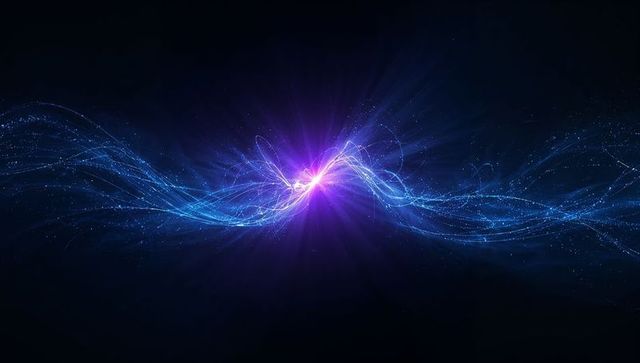 Violet energy core radiating light with twin electric-blue particle ribbons and sparks