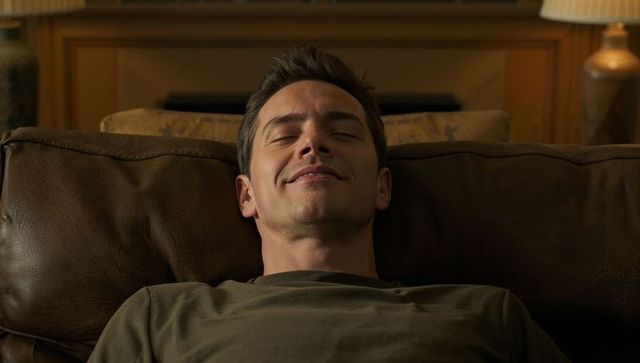 Relaxed man reclining on leather sofa enjoying cozy evening at home with warm lamp light