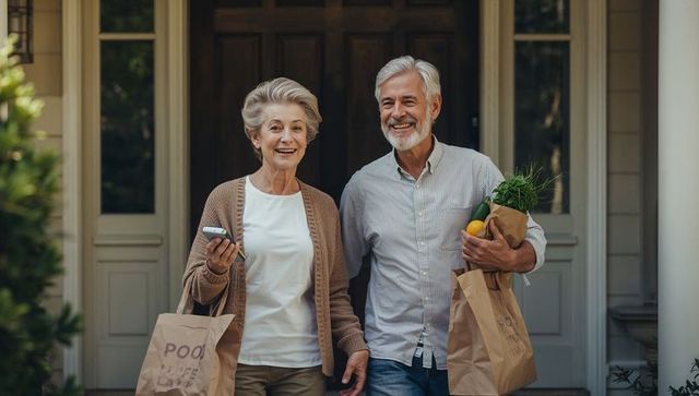 Senior couple carrying grocery bags and fresh herbs walking out of suburban home smiling