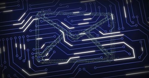 Sending neon envelope across circuit board with glowing data traces and particle stream